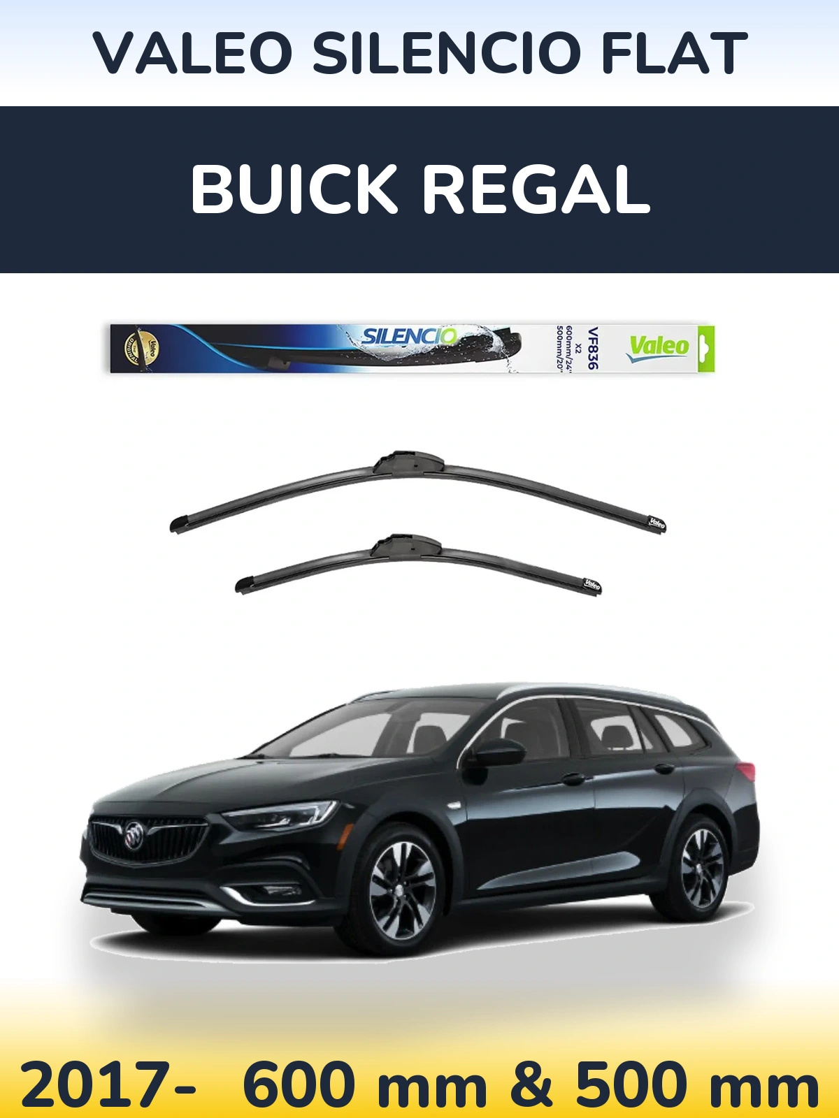 Front wiper blade set Valeo Silencio Flat 600 & 500 mm for Buick Regal 2017-2026