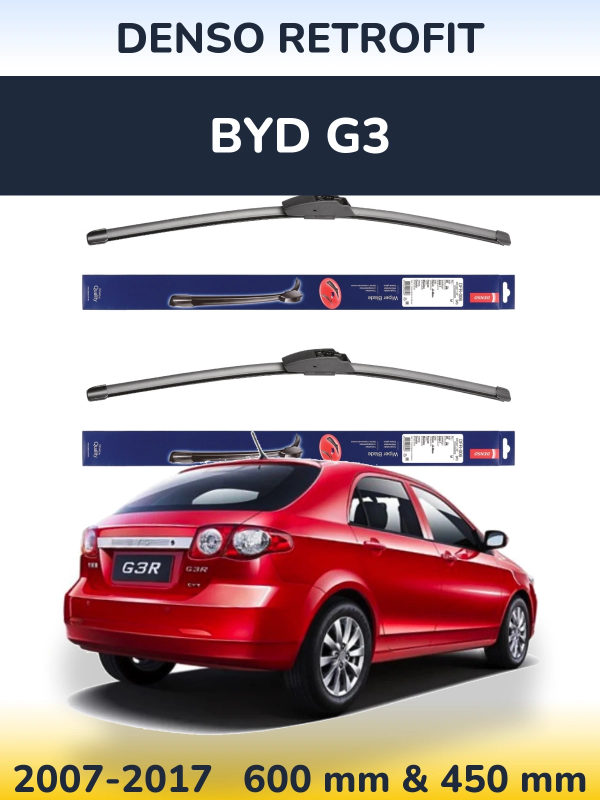 Front wiper blade set Denso Retrofit 600 & 450 mm for BYD G3 2007-2017