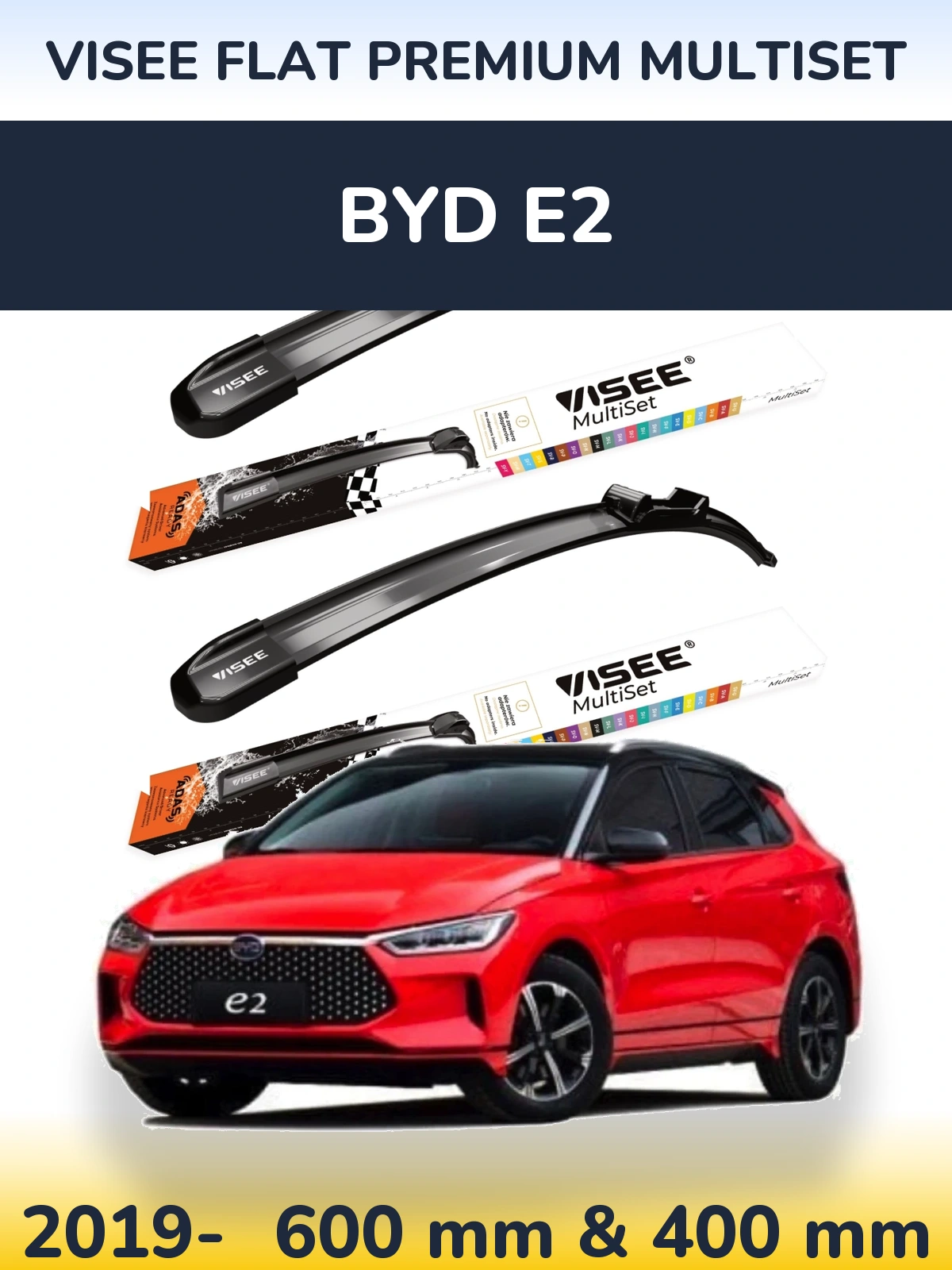 Front wiper blade set VISEE FLAT PREMIUM MultiSet 600 & 400 mm for BYD E2 2019-2026
