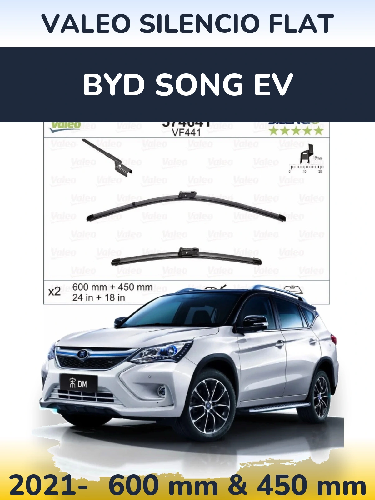 Front wiper blade set Valeo Silencio Flat 600 & 450 mm for BYD Song EV 2021-2026