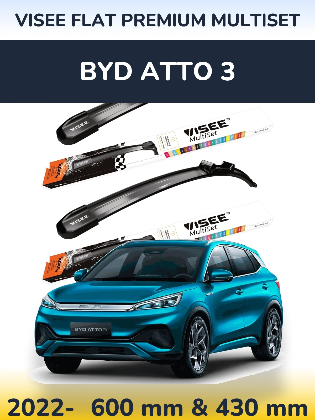 Front wiper blade set VISEE FLAT PREMIUM MultiSet 600 & 430 mm for BYD Atto 3 2022-2026