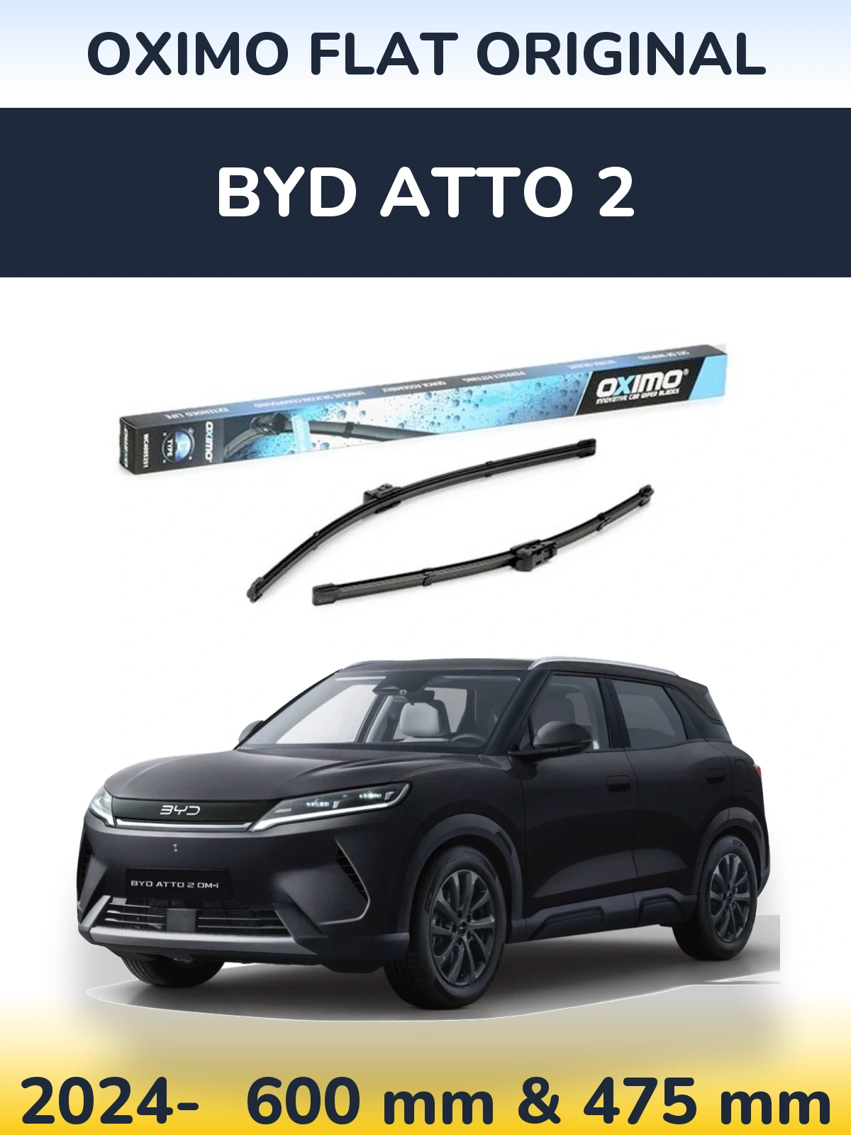 Комплект передних дворников Oximo Flat Original 600 & 475 мм для BYD Atto 2 2024-2026