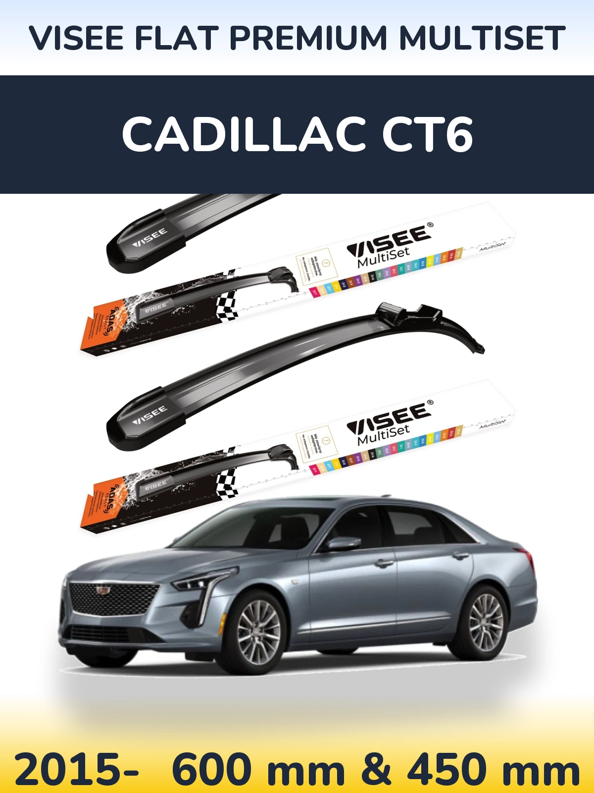 Komplet przednich wycieraczek VISEE FLAT PREMIUM MultiSet 600 & 450 mm do Cadillac CT6 2015-2026