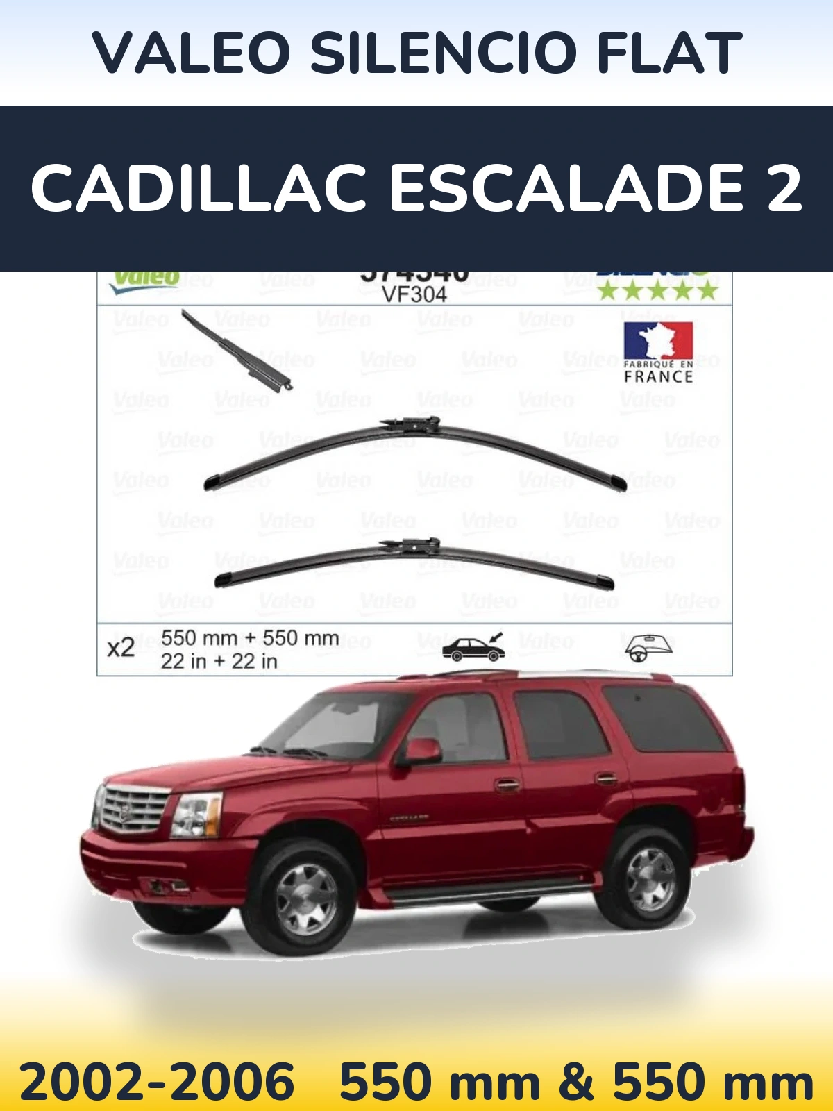 Front wiper blade set Valeo Silencio Flat 550 & 550 mm for Cadillac Escalade 2 2002-2006