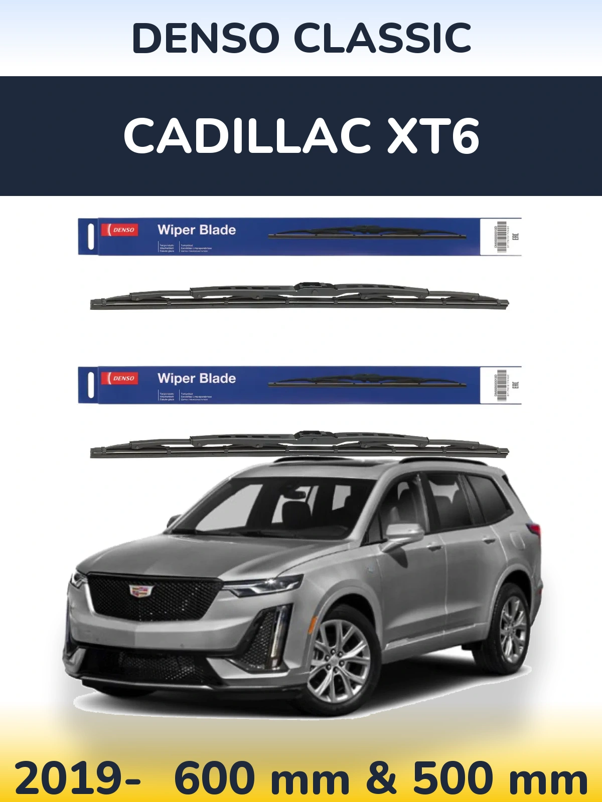 Front wiper blade set Denso Classic 600 & 500 mm for Cadillac XT6 2019-2026