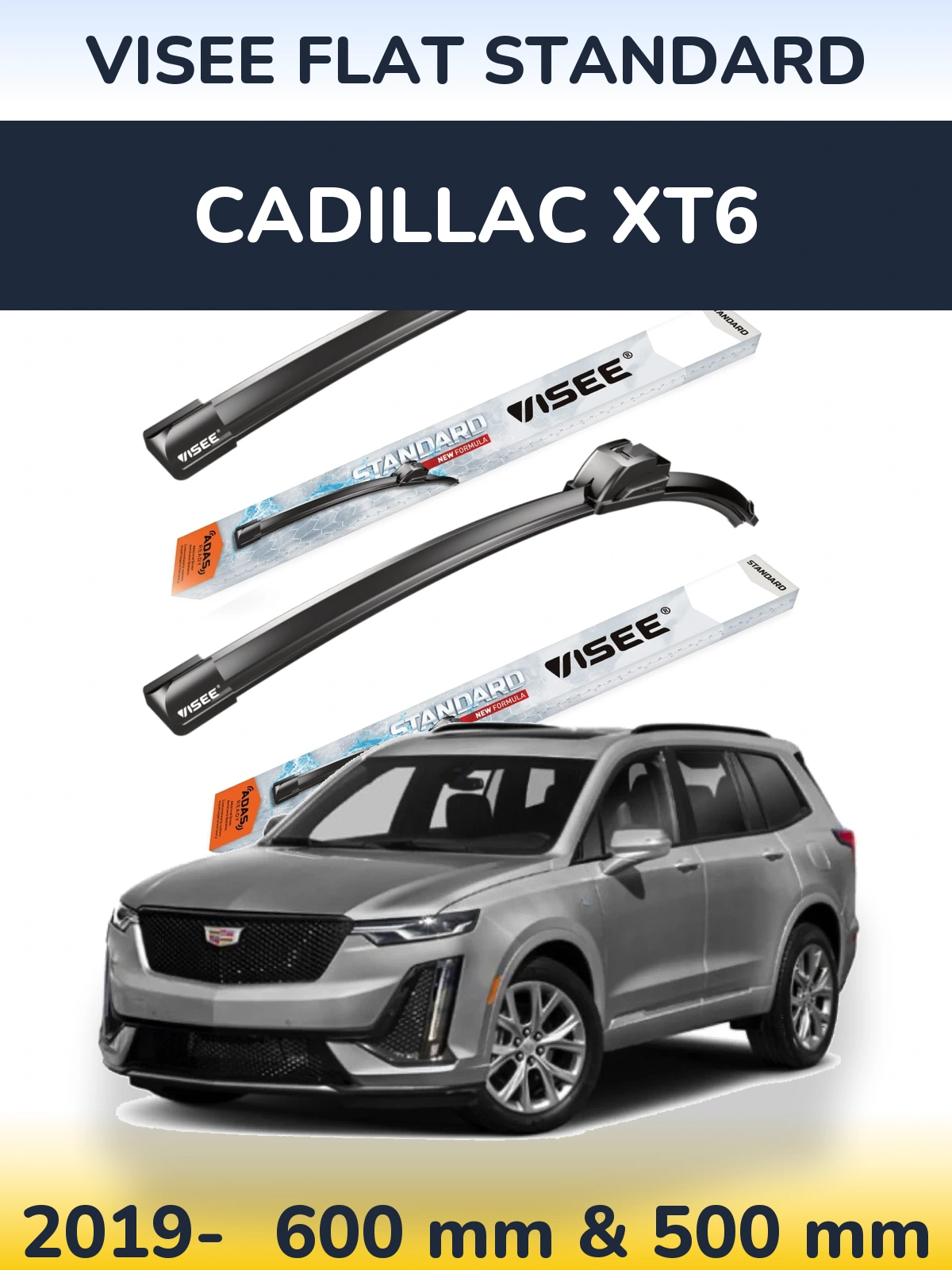 Front wiper blade set VISEE FLAT STANDARD 600 & 500 mm for Cadillac XT6 2019-2026