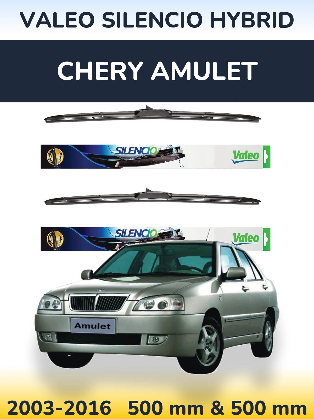 Front wiper blade set Valeo Silencio Hybrid 500 & 500 mm for Chery Amulet 2003-2016