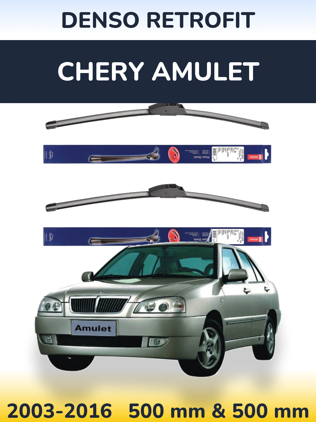 Front wiper blade set Denso Retrofit 500 & 500 mm for Chery Amulet 2003-2016