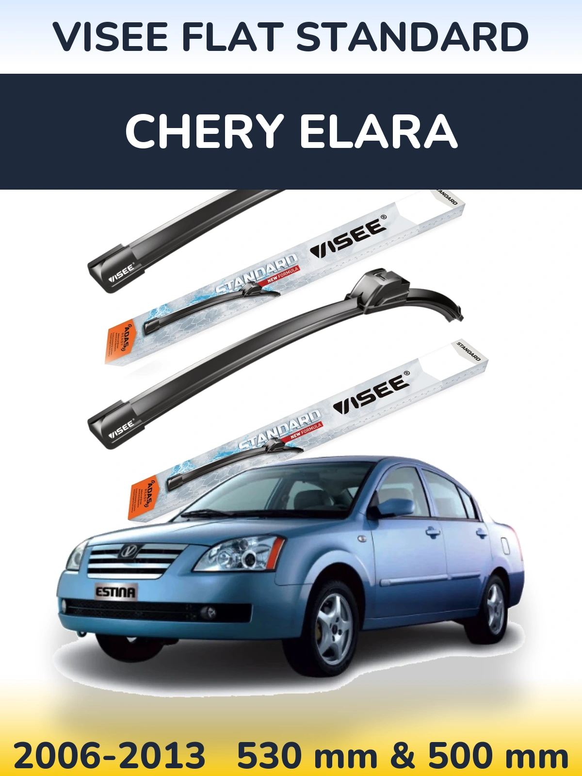 Front wiper blade set VISEE FLAT STANDARD 530 & 500 mm for Chery Elara 2006-2013