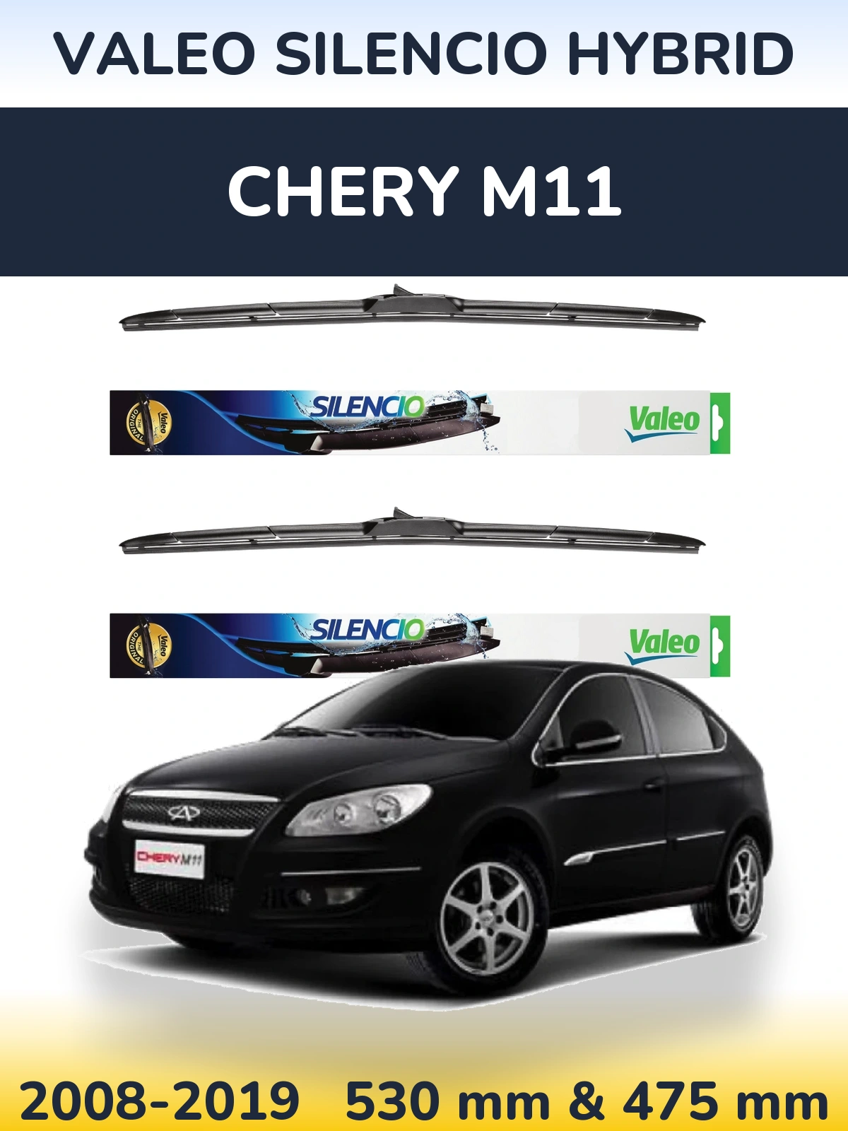 Front wiper blade set Valeo Silencio Hybrid 530 & 475 mm for Chery M11 2008-2019