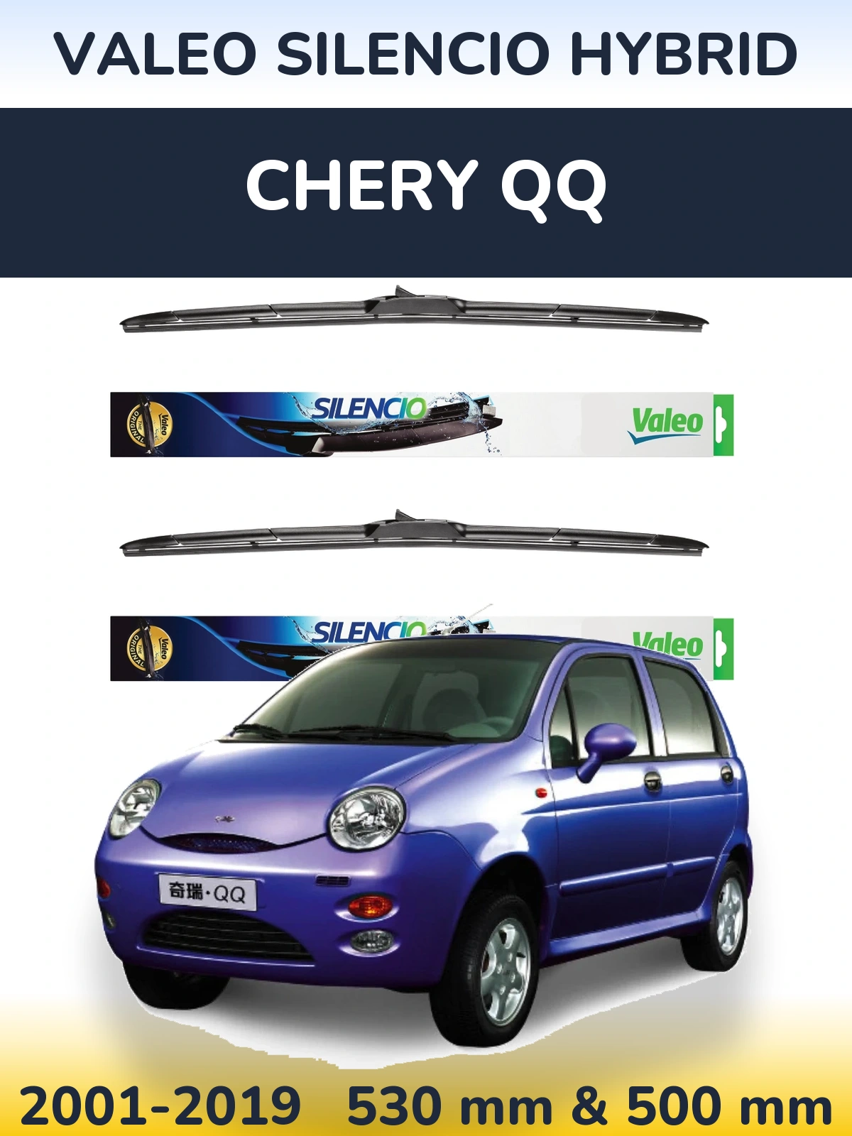 Front wiper blade set Valeo Silencio Hybrid 530 & 500 mm for Chery QQ 2001-2019