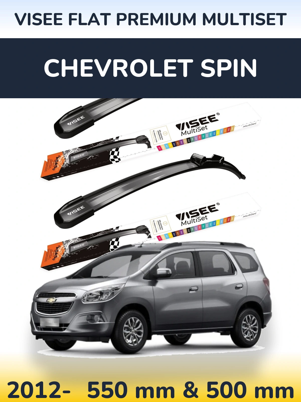 Front wiper blade set VISEE FLAT PREMIUM MultiSet 550 & 500 mm for Chevrolet Spin 2012-2026
