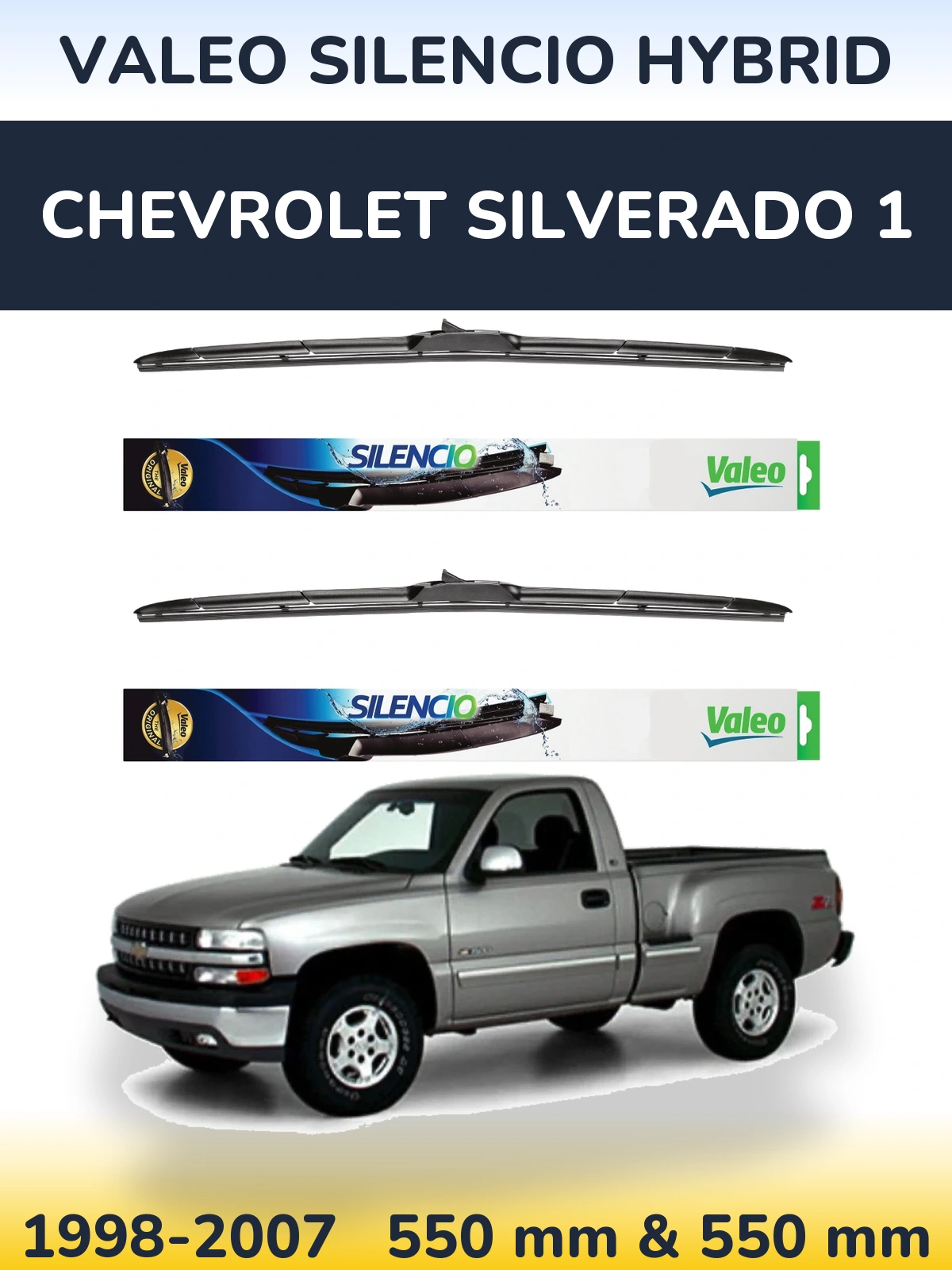 Front wiper blade set Valeo Silencio Hybrid 550 & 550 mm for Chevrolet Silverado 1 1998-2007
