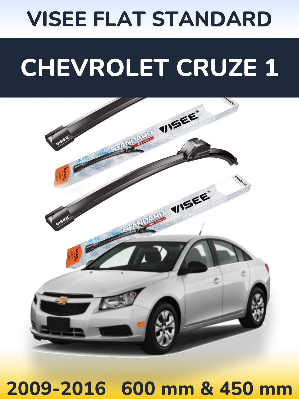 Комплект передних дворников VISEE FLAT STANDARD 600 & 450 мм для Chevrolet Cruze 1 2009-2016