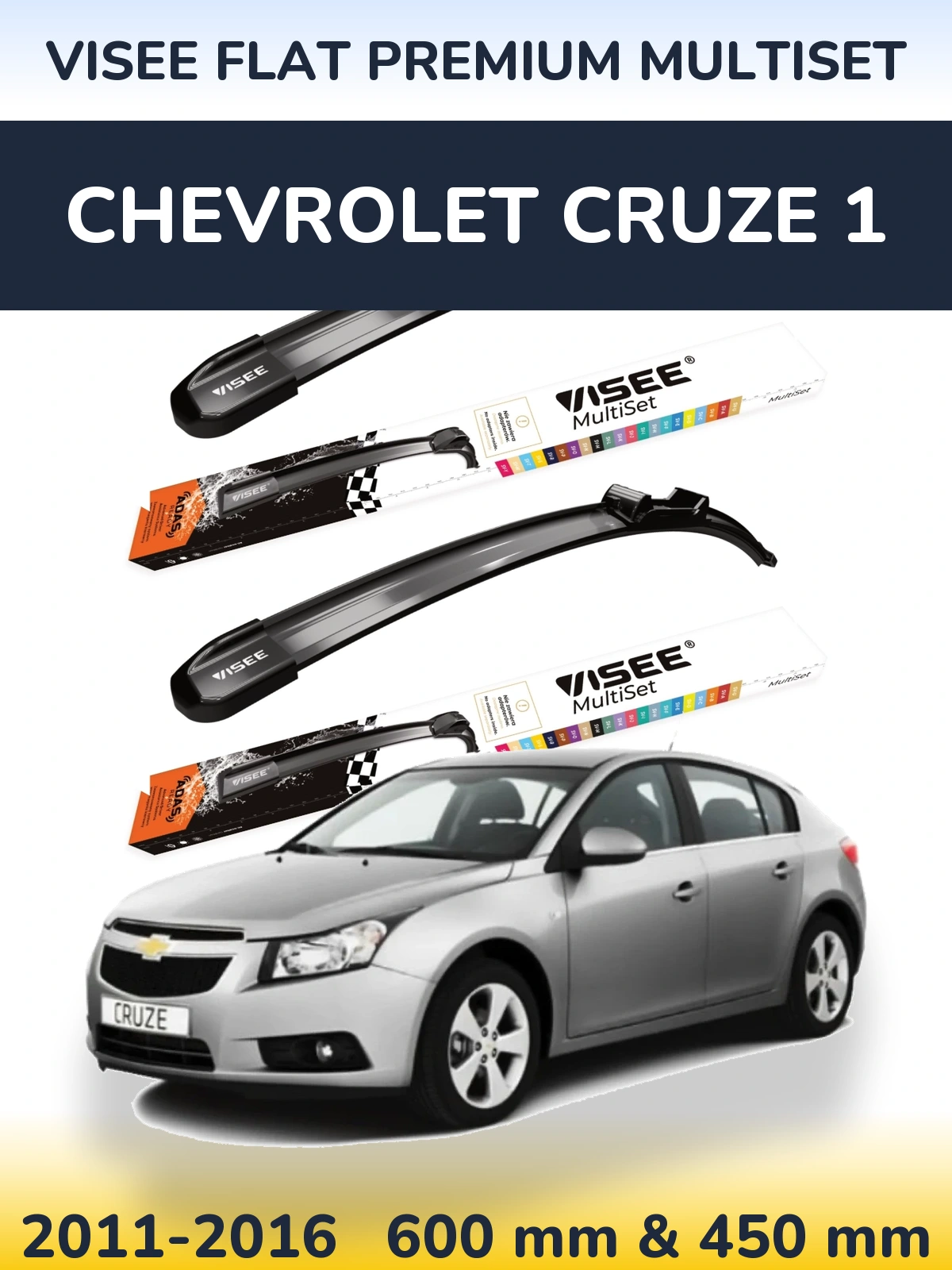 Комплект передних дворников VISEE FLAT PREMIUM MultiSet 600 & 450 мм для Chevrolet Cruze 1 2011-2016
