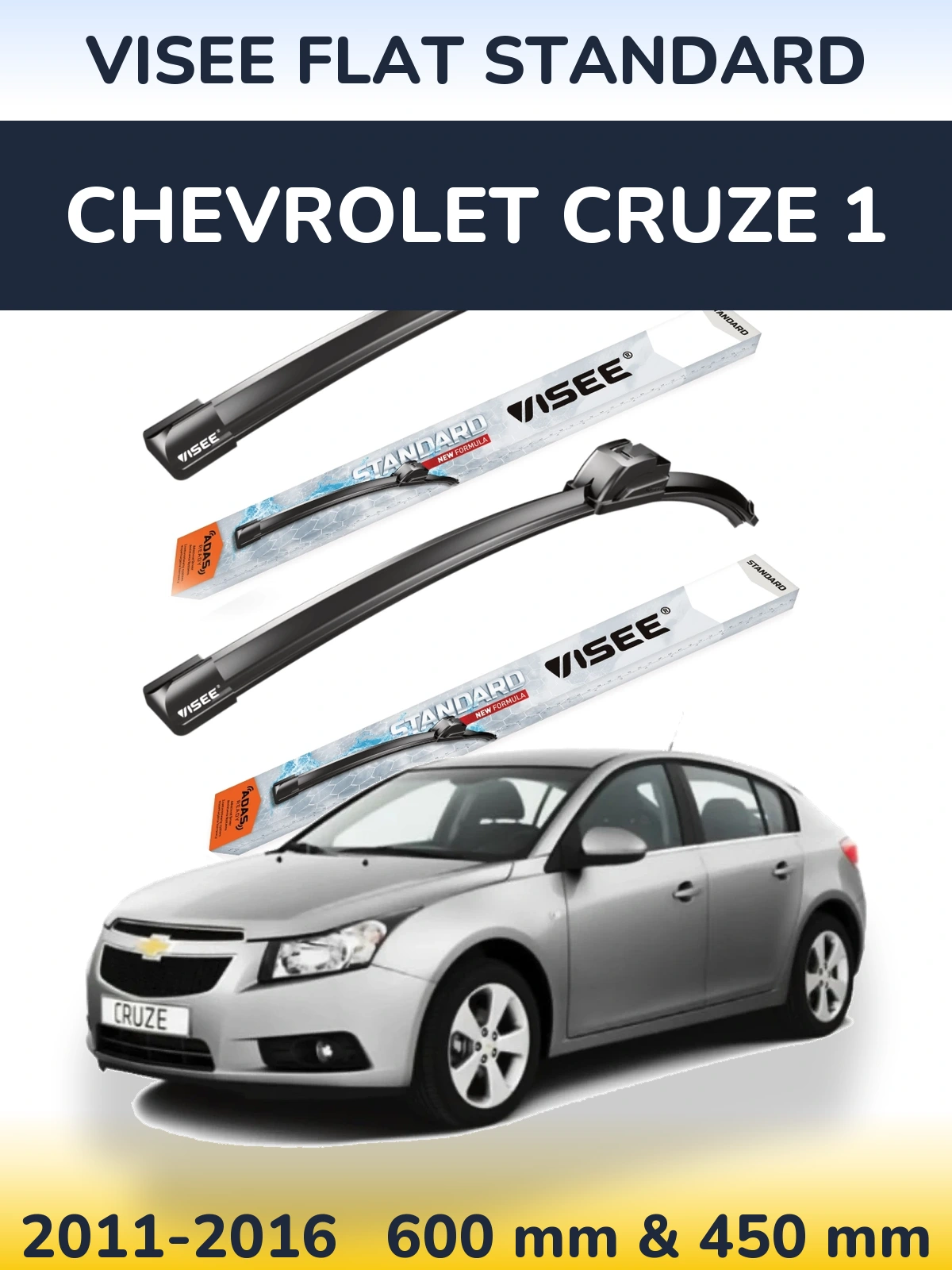 Комплект передних дворников VISEE FLAT STANDARD 600 & 450 мм для Chevrolet Cruze 1 2011-2016