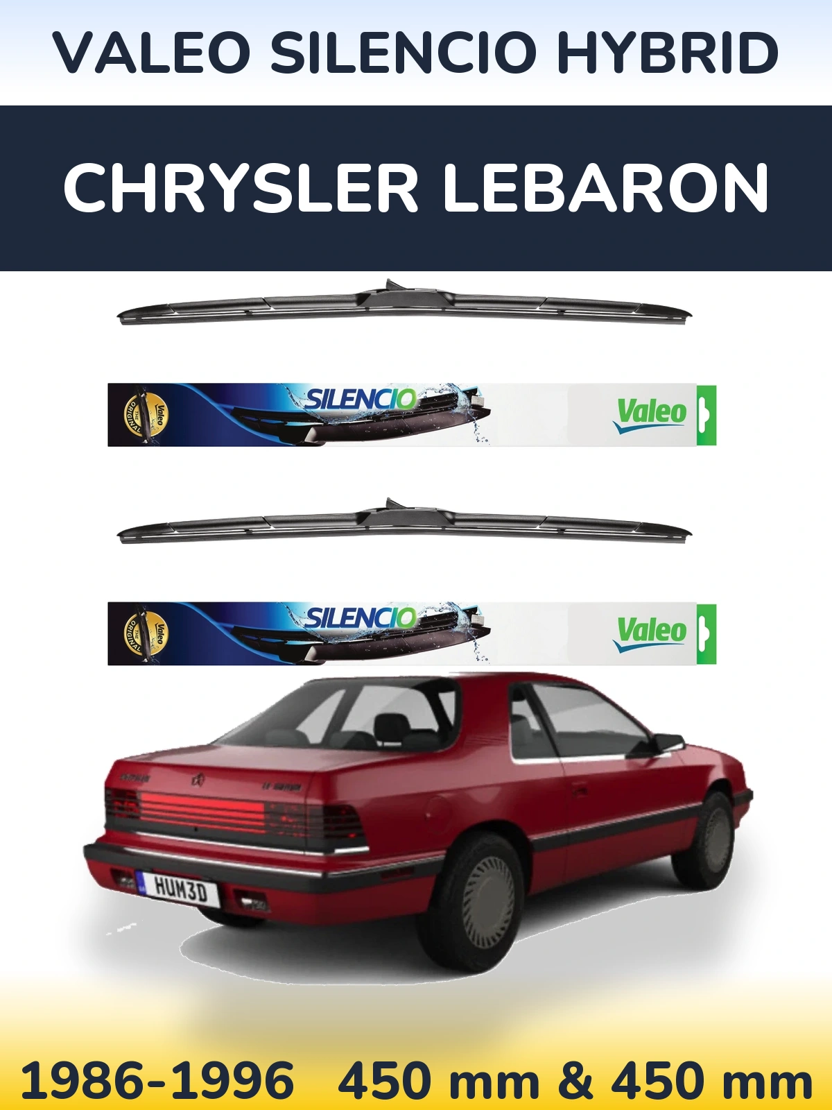 Front wiper blade set Valeo Silencio Hybrid 450 & 450 mm for Chrysler LeBaron 1986-1996