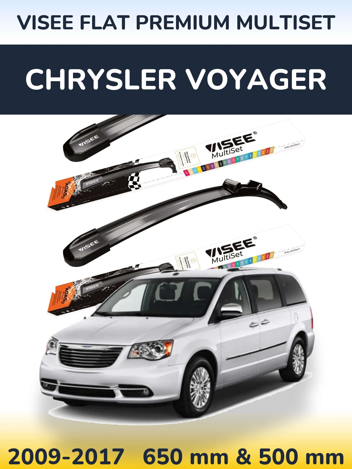 Front wiper blade set VISEE FLAT PREMIUM MultiSet 650 & 500 mm for Chrysler Voyager 2009-2017