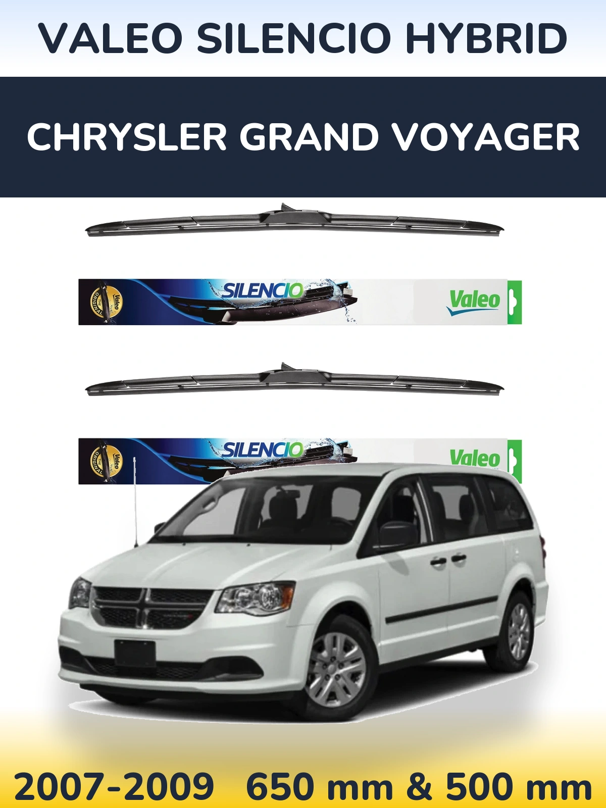 Komplet przednich wycieraczek Valeo Silencio Hybrid 650 & 500 mm do Chrysler Grand Voyager 2007-2009