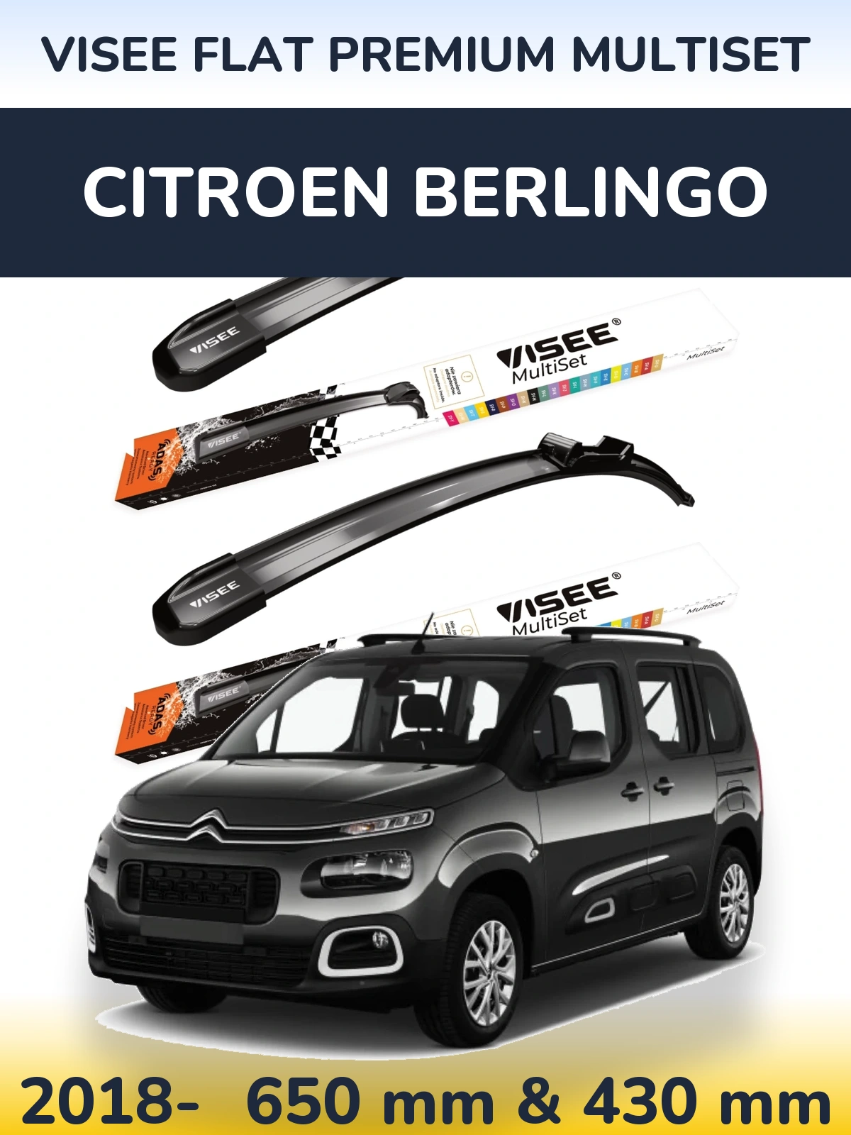 Komplet przednich wycieraczek VISEE FLAT PREMIUM MultiSet 650 & 430 mm do Citroen Berlingo 2018-2026