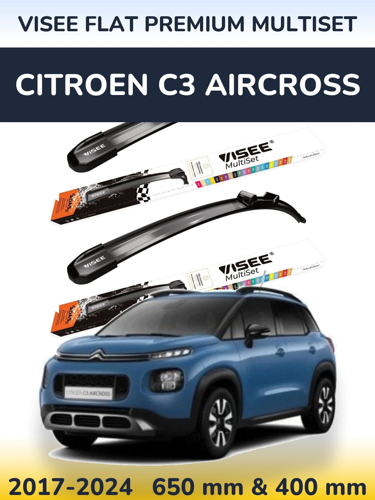 Комплект передних дворников VISEE FLAT PREMIUM MultiSet 650 & 400 мм для Citroen C3 Aircross 2017-2024
