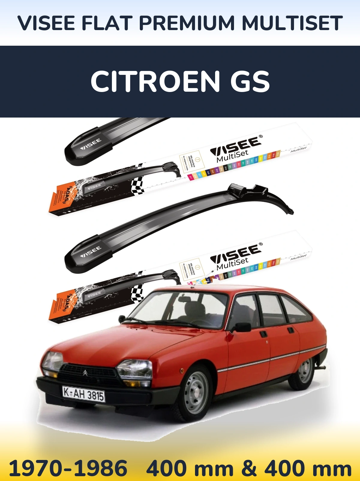 Front wiper blade set VISEE FLAT PREMIUM MultiSet 400 & 400 mm for Citroen GS 1970-1986