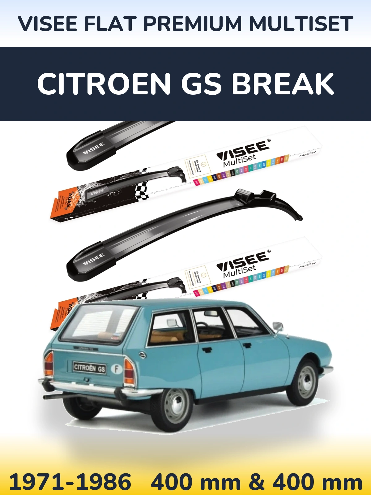 Komplet przednich wycieraczek VISEE FLAT PREMIUM MultiSet 400 & 400 mm do Citroen GS Break 1971-1986