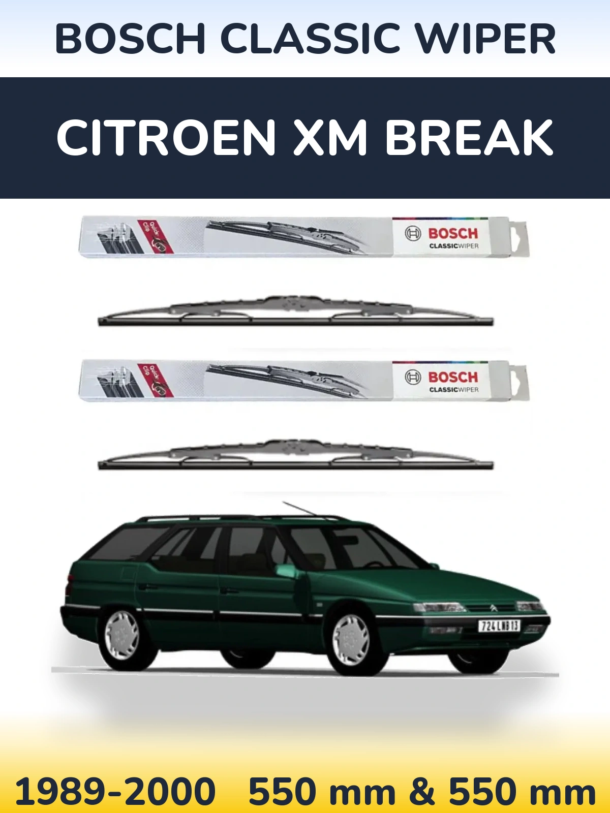 Front wiper blade set BOSCH Classic Wiper 550 & 550 mm for Citroen XM Break 1989-2000