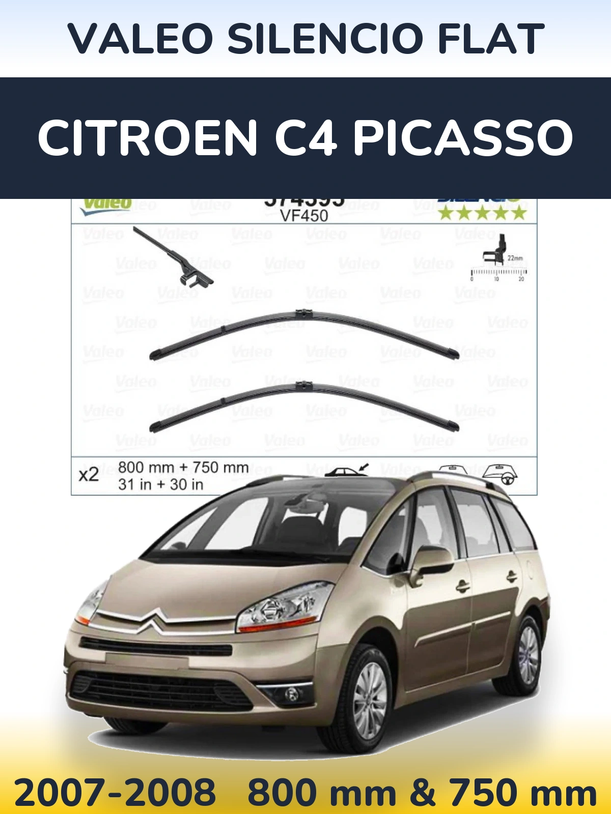 Komplet przednich wycieraczek Valeo Silencio Flat 800 & 750 mm do Citroen C4 Picasso 2007-2008