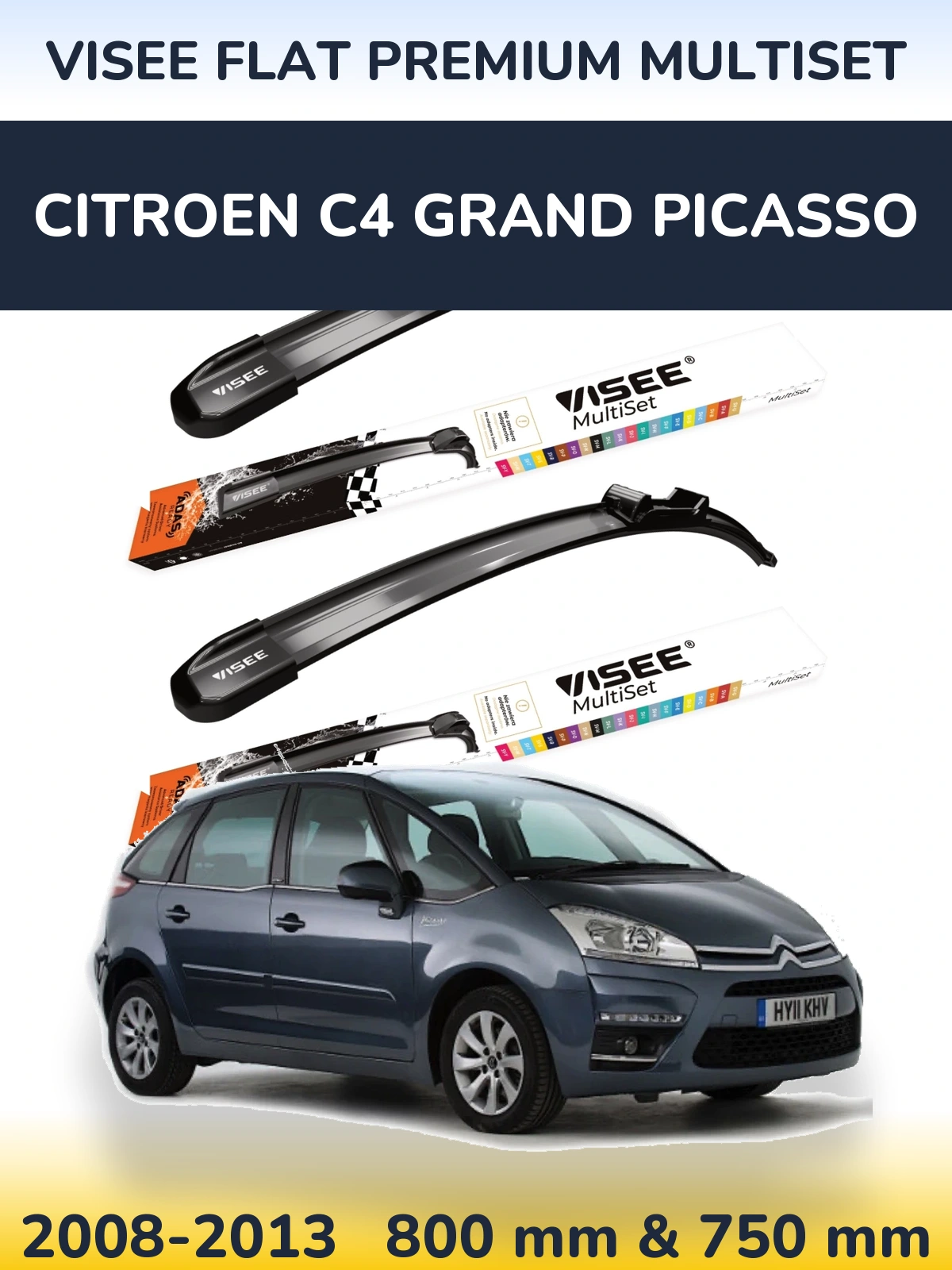 Комплект передних дворников VISEE FLAT PREMIUM MultiSet 800 & 750 мм для Citroen C4 Grand Picasso 2008-2013