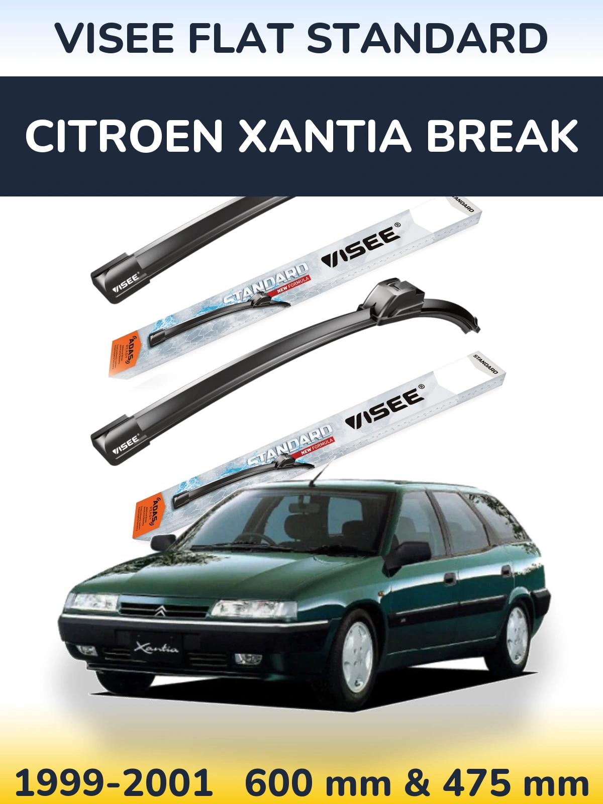 Комплект передних дворников VISEE FLAT STANDARD 600 & 475 мм для Citroen Xantia Break 1999-2001