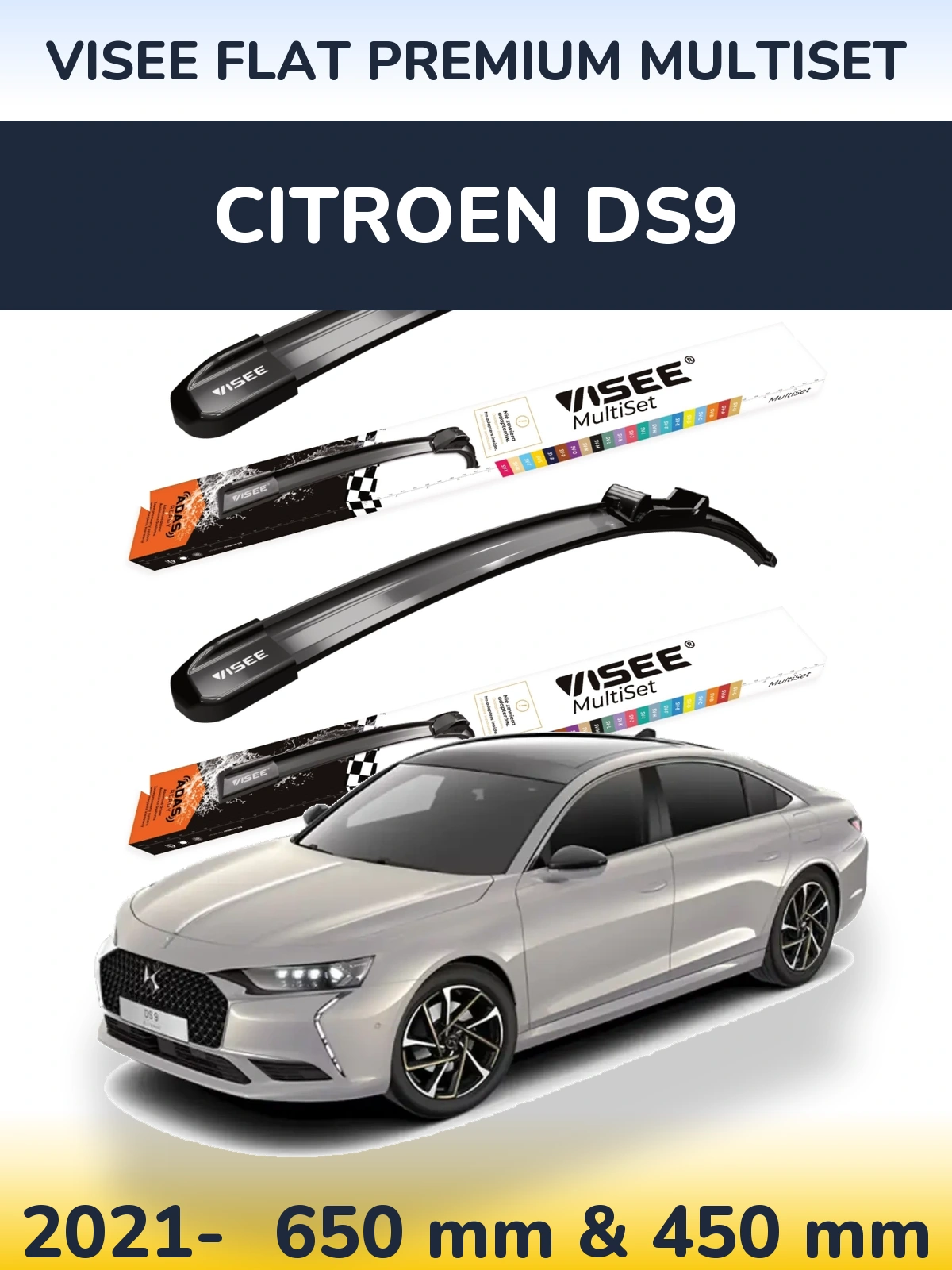 Komplet przednich wycieraczek VISEE FLAT PREMIUM MultiSet 650 & 450 mm do Citroen DS9 2021-2026