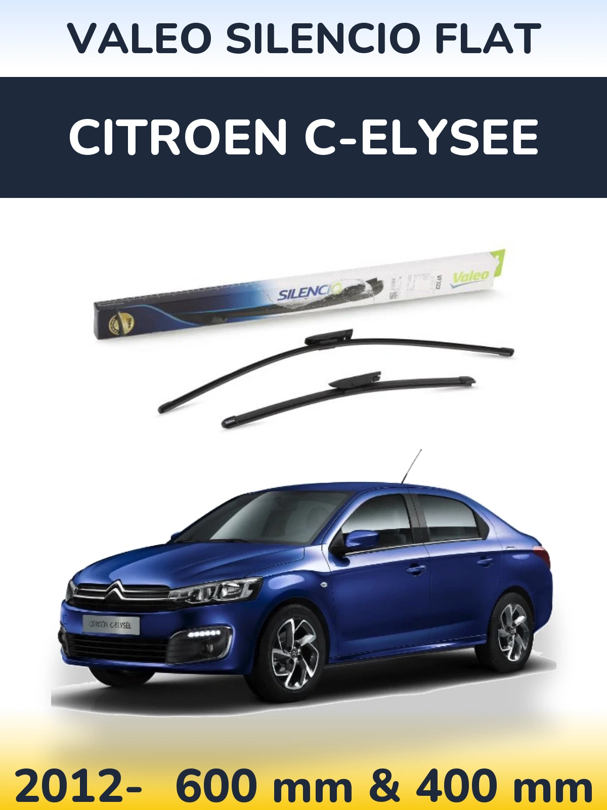 Front wiper blade set Valeo Silencio Flat 600 & 400 mm for Citroen C-Elysee 2012-2026