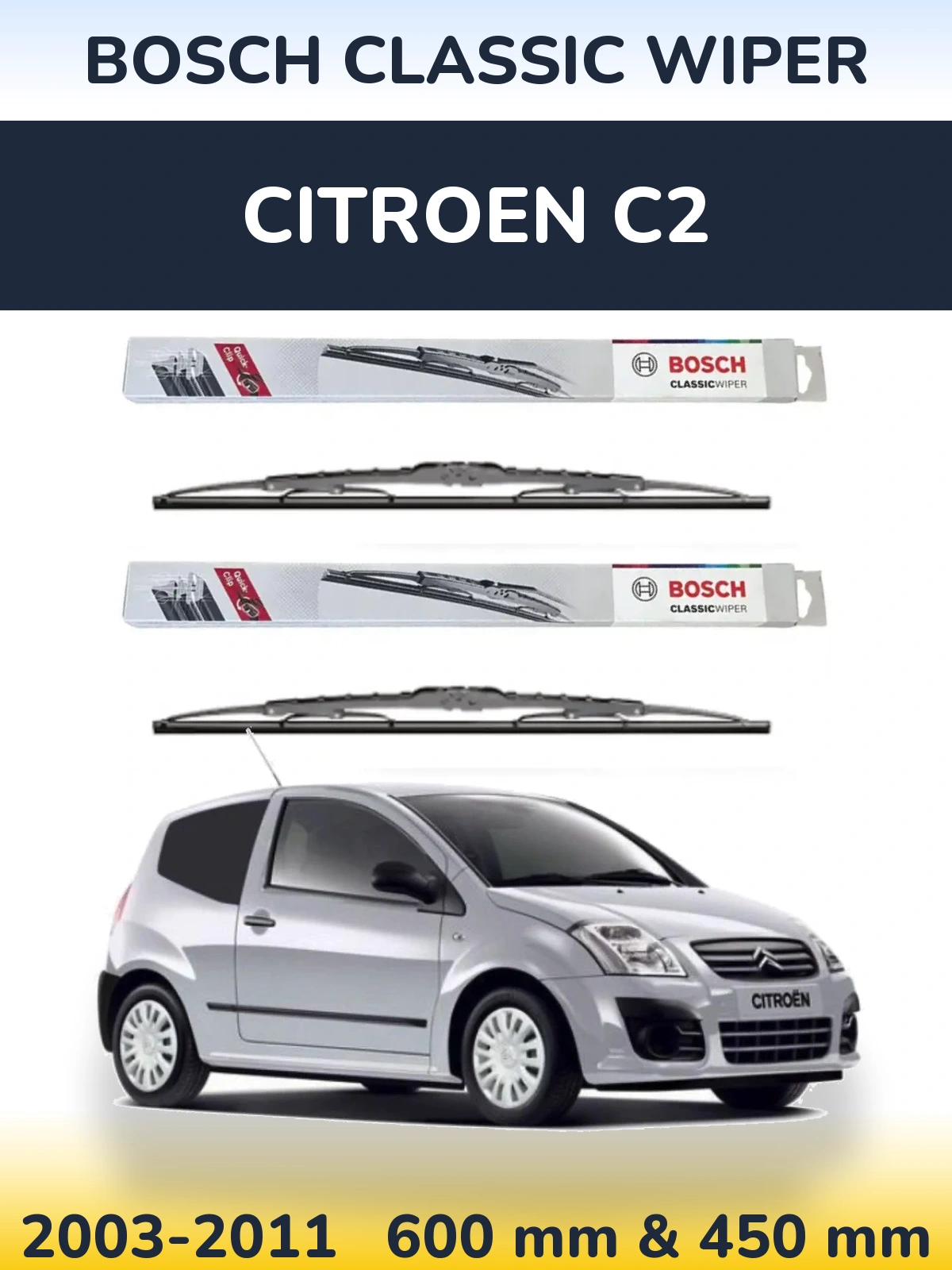 Front wiper blade set BOSCH Classic Wiper 600 & 450 mm for Citroen C2 2003-2011