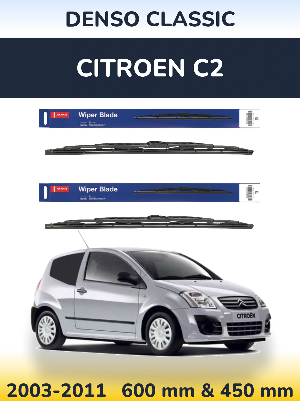 Front wiper blade set Denso Classic 600 & 450 mm for Citroen C2 2003-2011