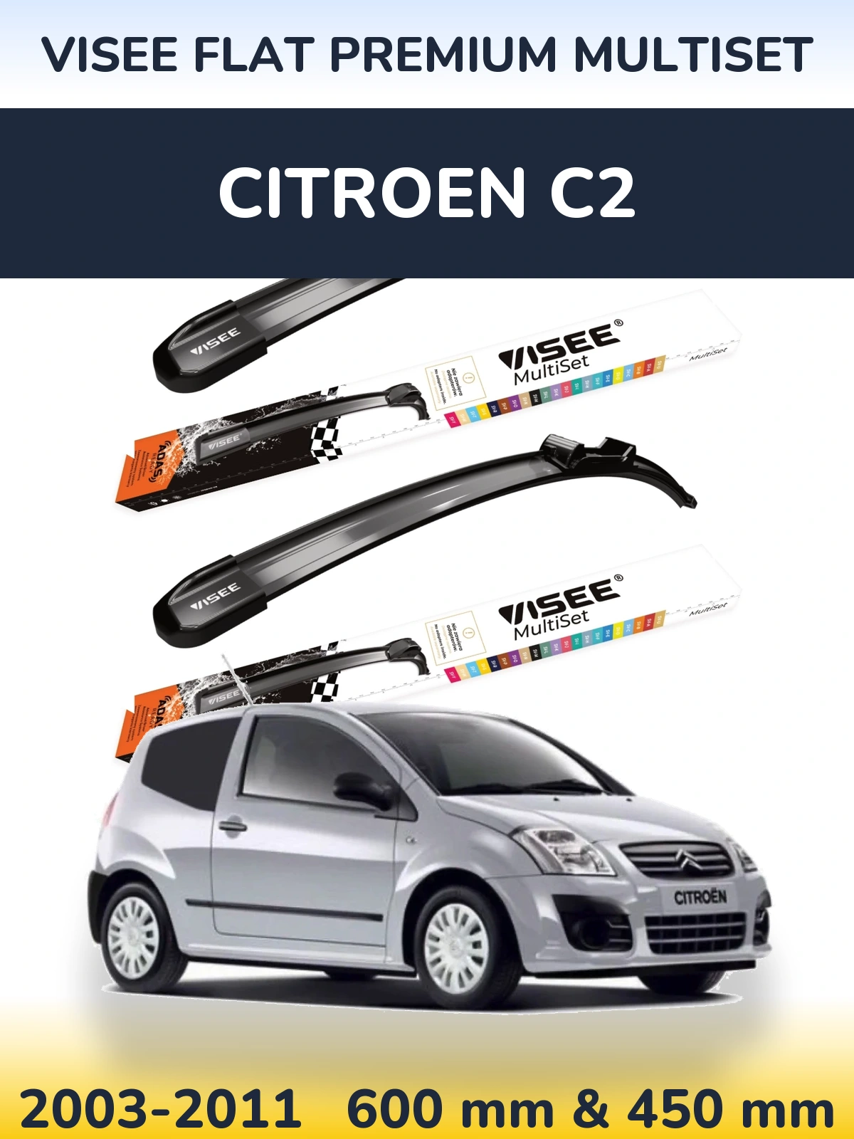 Front wiper blade set VISEE FLAT PREMIUM MultiSet 600 & 450 mm for Citroen C2 2003-2011