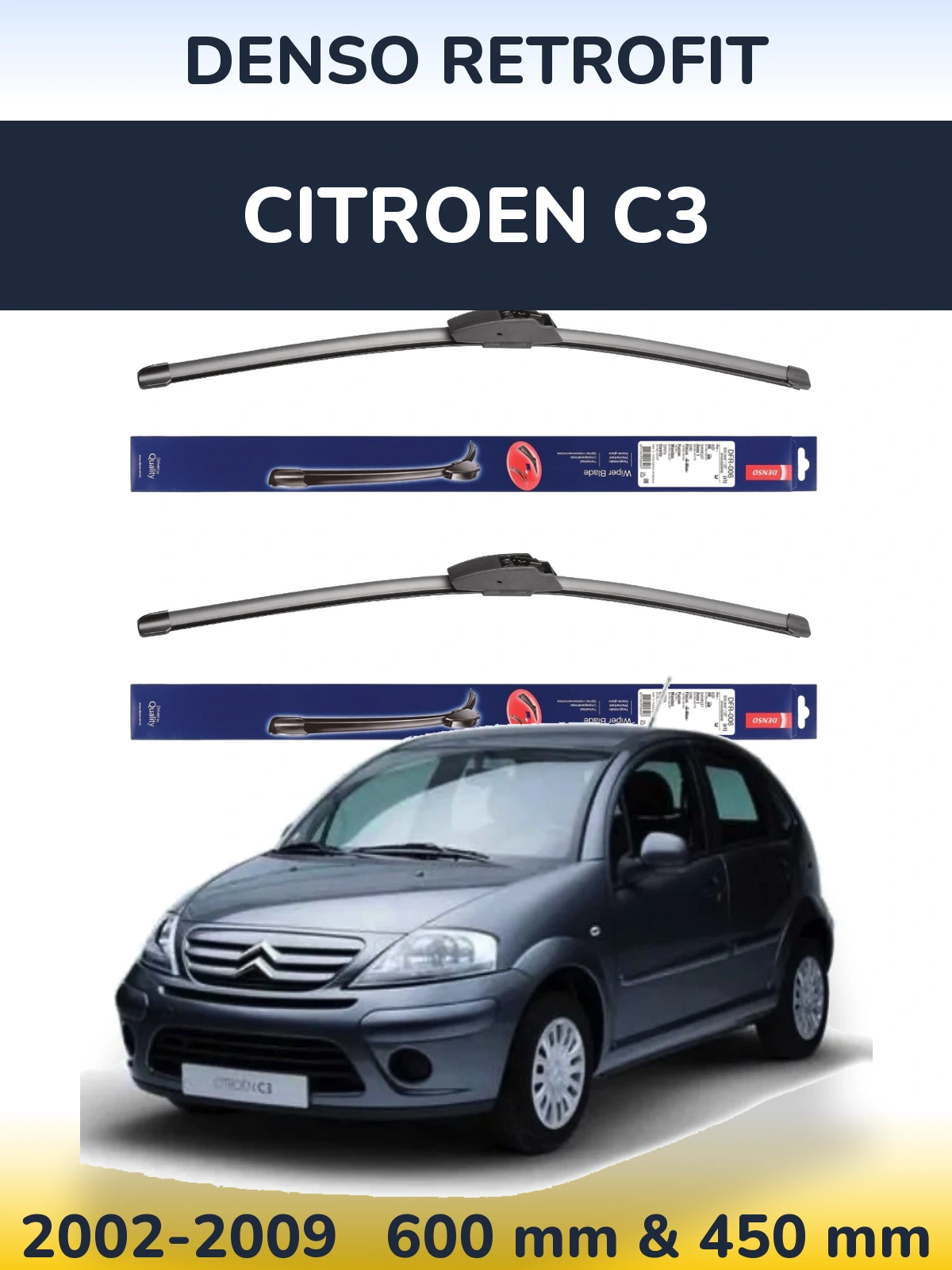 Komplet przednich wycieraczek Denso Retrofit 600 & 450 mm do Citroen C3 2002-2009
