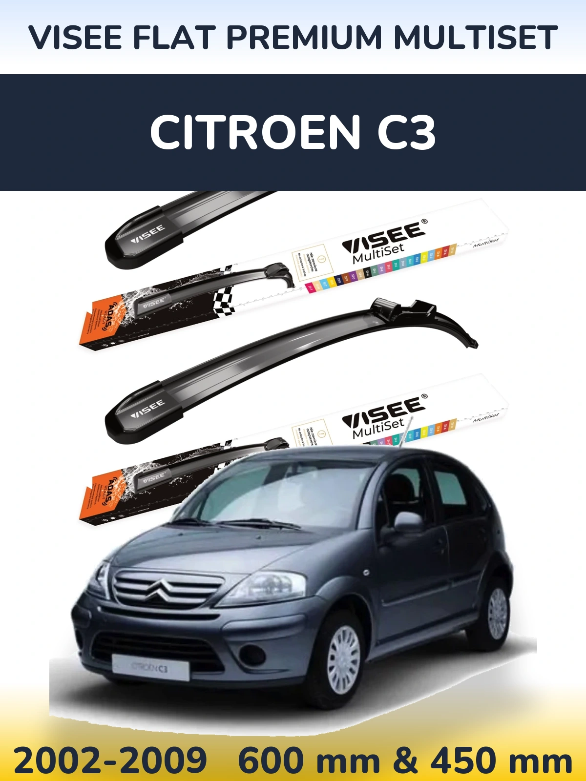 Front wiper blade set VISEE FLAT PREMIUM MultiSet 600 & 450 mm for Citroen C3 2002-2009