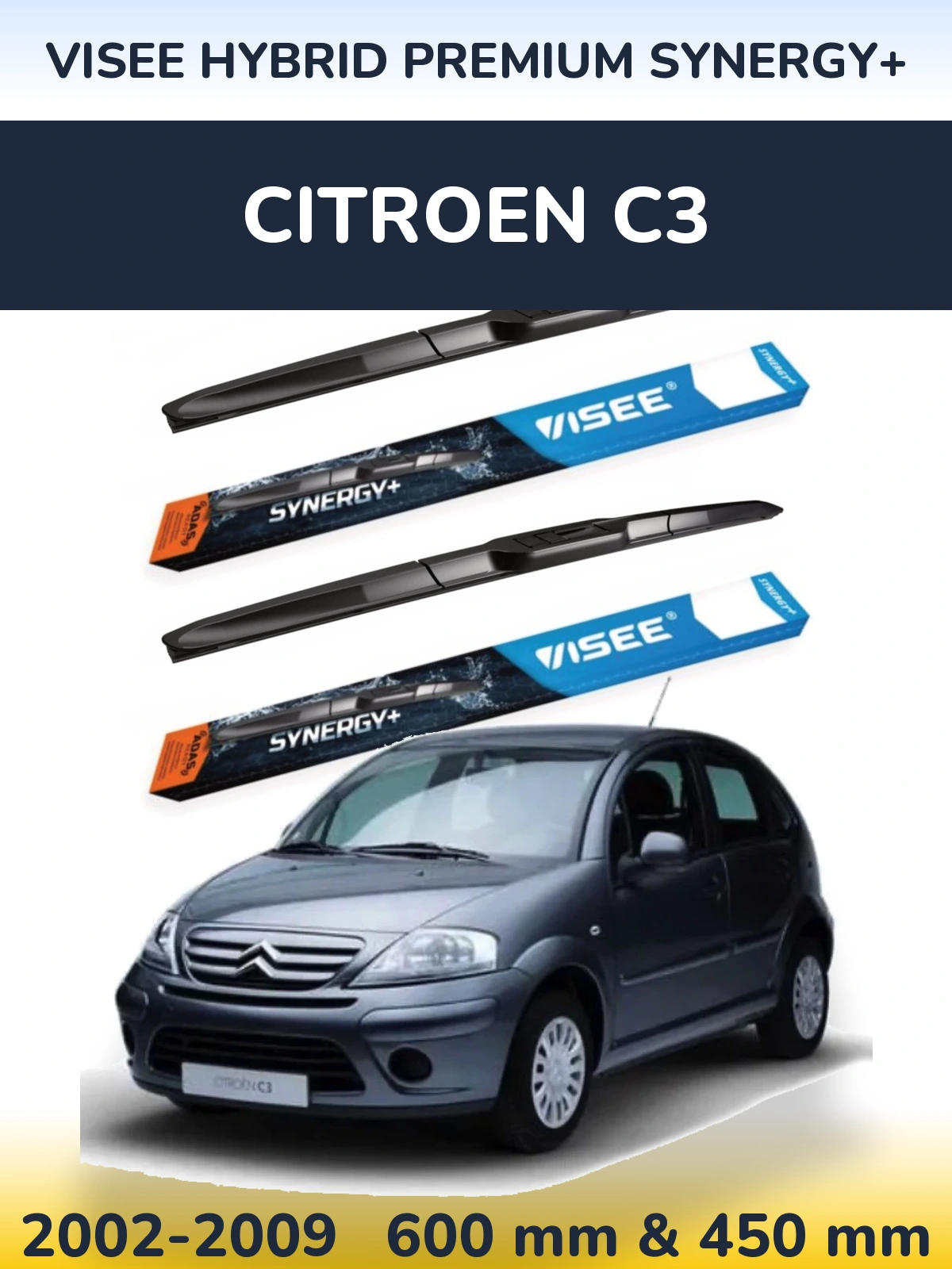 Front wiper blade set VISEE HYBRID PREMIUM SYNERGY+ 600 & 450 mm for Citroen C3 2002-2009