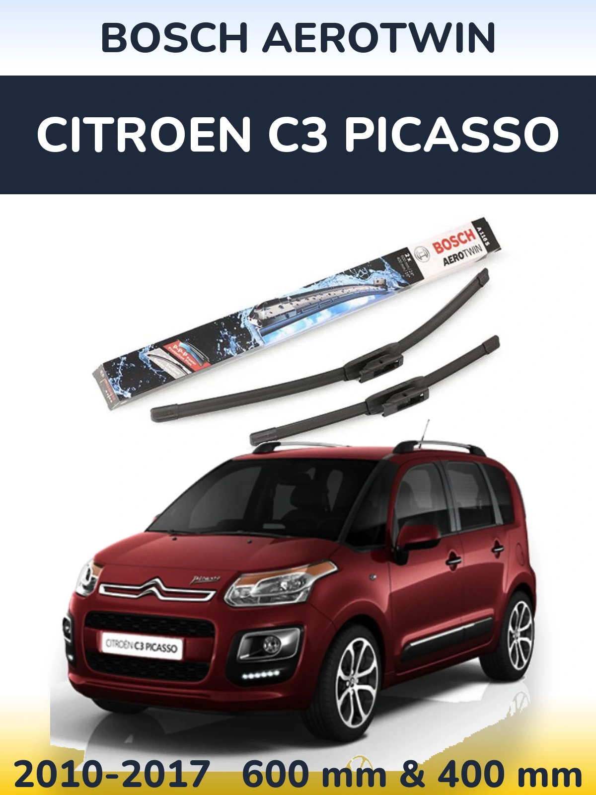 Комплект передних дворников BOSCH AeroTwin 600 & 400 мм для Citroen C3 Picasso 2010-2017