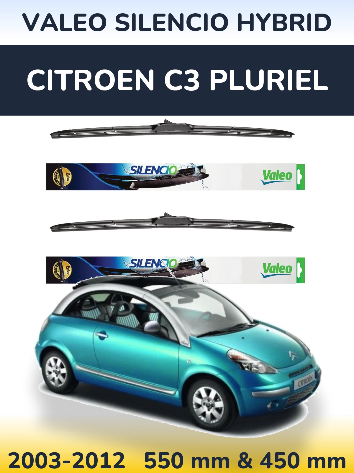 Front wiper blade set Valeo Silencio Hybrid 550 & 450 mm for Citroen C3 Pluriel 2003-2012