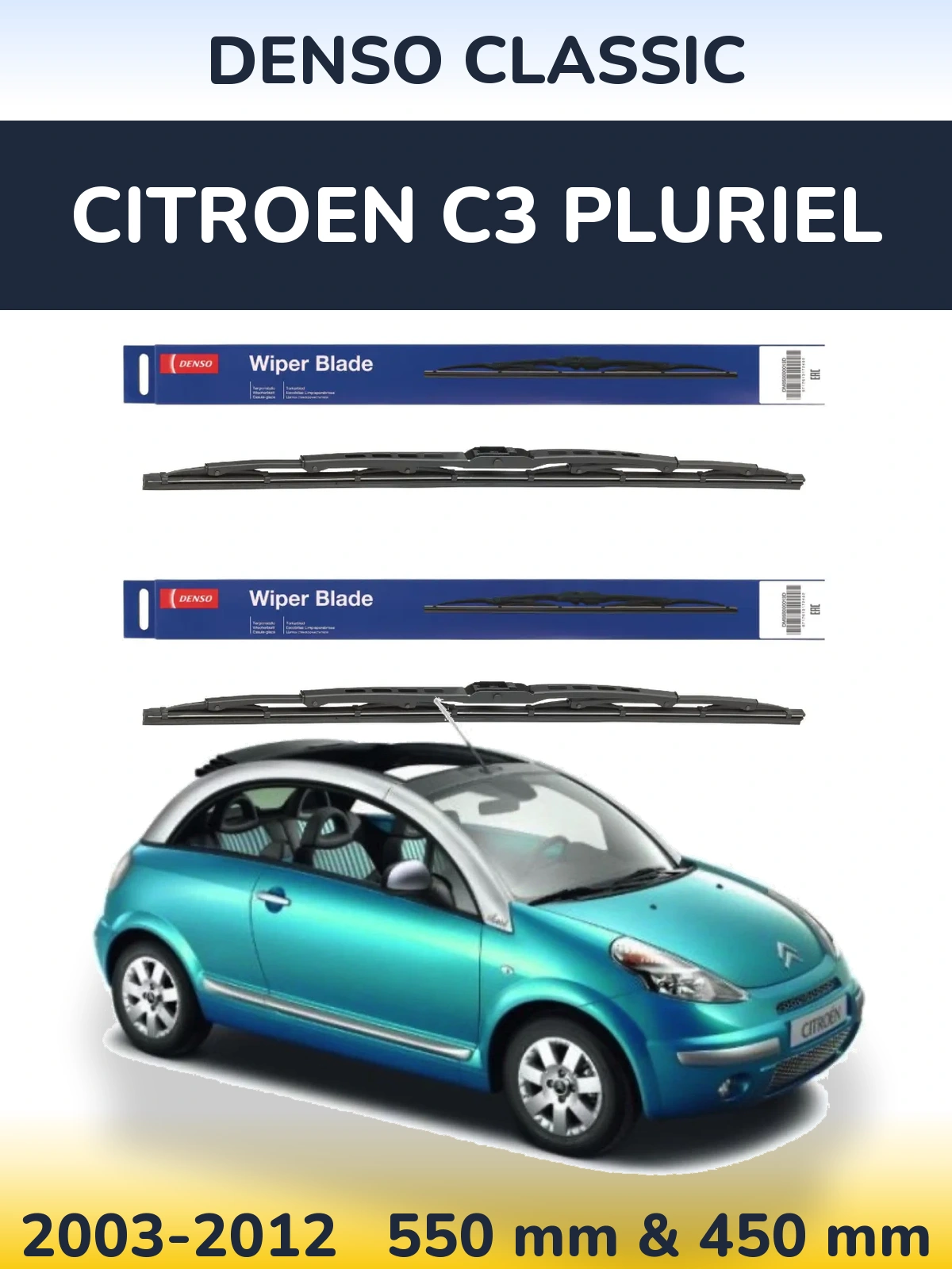 Front wiper blade set Denso Classic 550 & 450 mm for Citroen C3 Pluriel 2003-2012