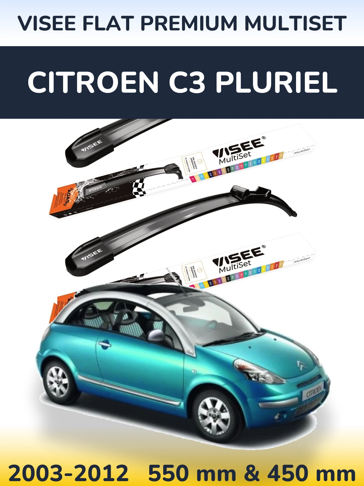 Komplet przednich wycieraczek VISEE FLAT PREMIUM MultiSet 550 & 450 mm do Citroen C3 Pluriel 2003-2012