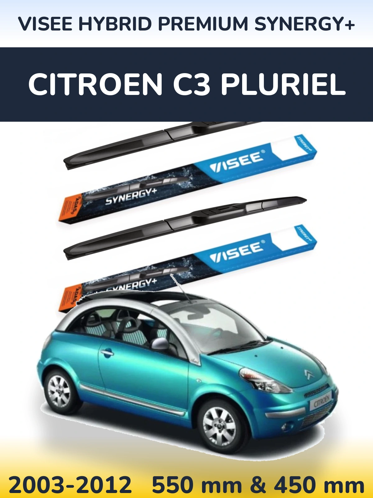 Front wiper blade set VISEE HYBRID PREMIUM SYNERGY+ 550 & 450 mm for Citroen C3 Pluriel 2003-2012