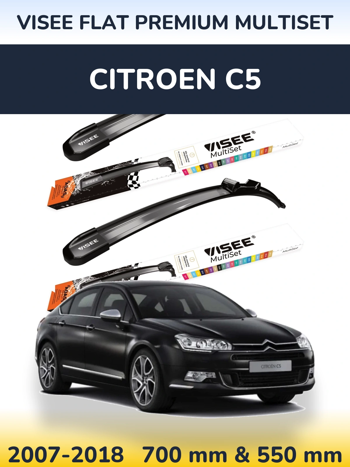 Комплект передних дворников VISEE FLAT PREMIUM MultiSet 700 & 550 мм для Citroen C5 2007-2018