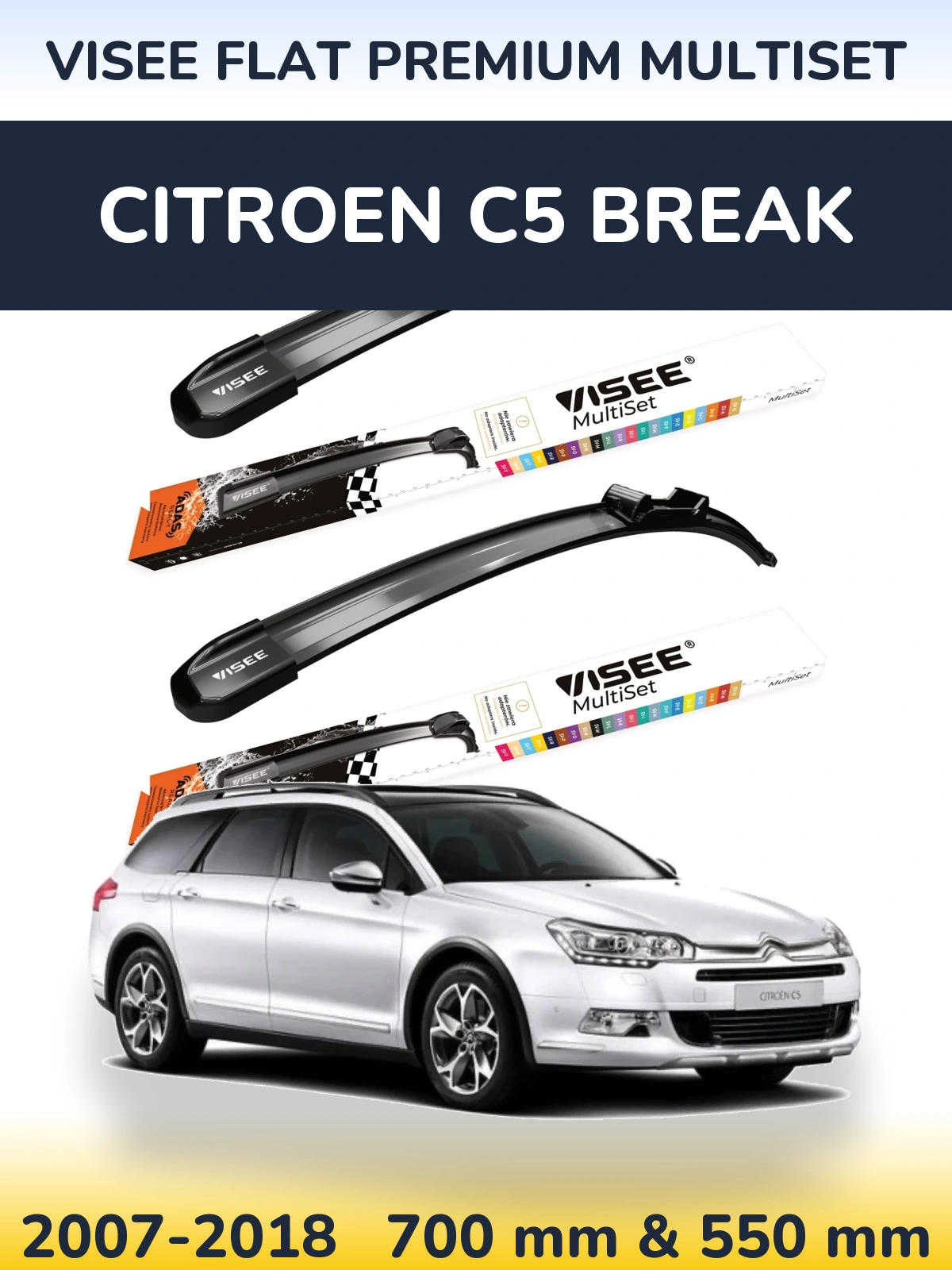 Комплект передніх щіток VISEE FLAT PREMIUM MultiSet 700 & 550 мм для Citroen C5 Break 2007-2018