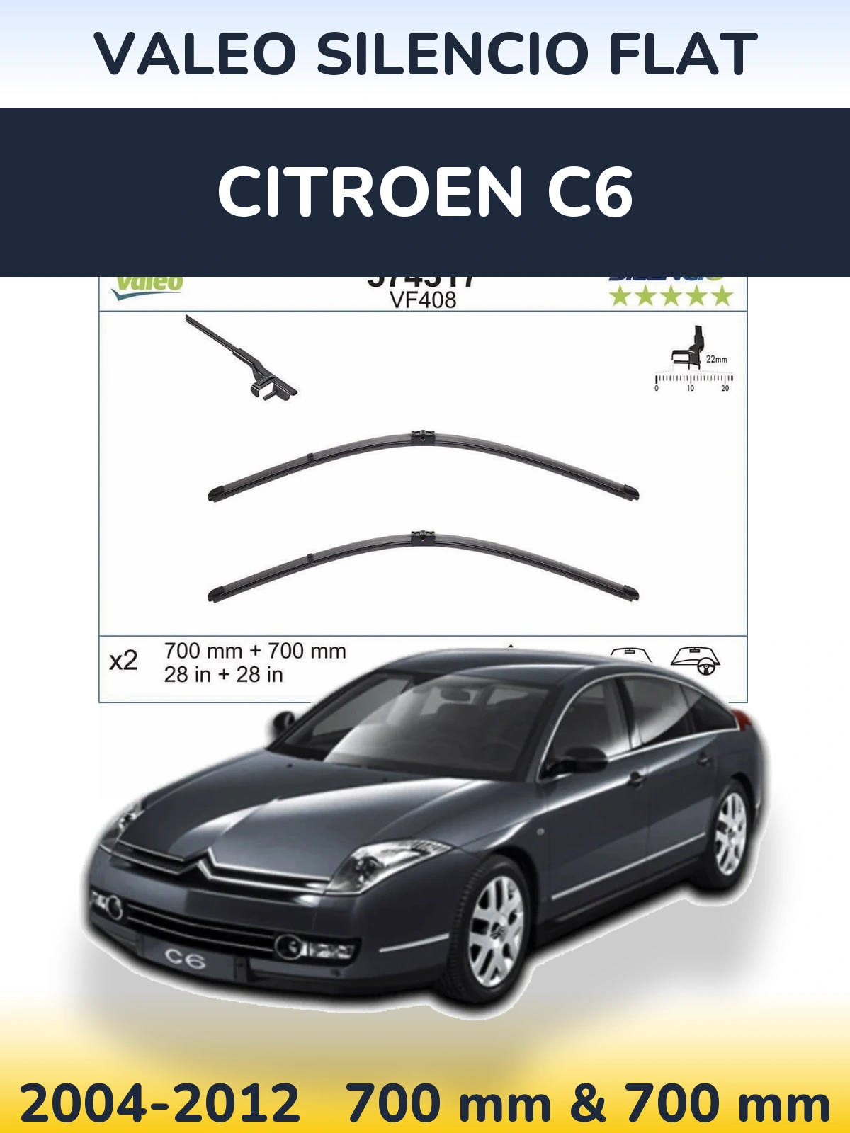 Front wiper blade set Valeo Silencio Flat 700 & 700 mm for Citroen C6 2004-2012