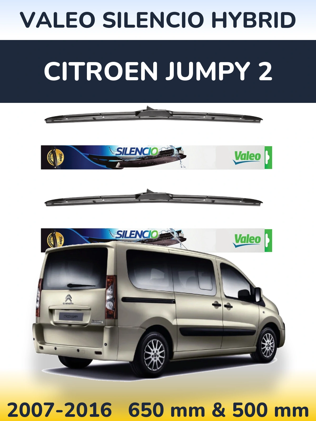 Front wiper blade set Valeo Silencio Hybrid 650 & 500 mm for Citroen Jumpy 2 2007-2016