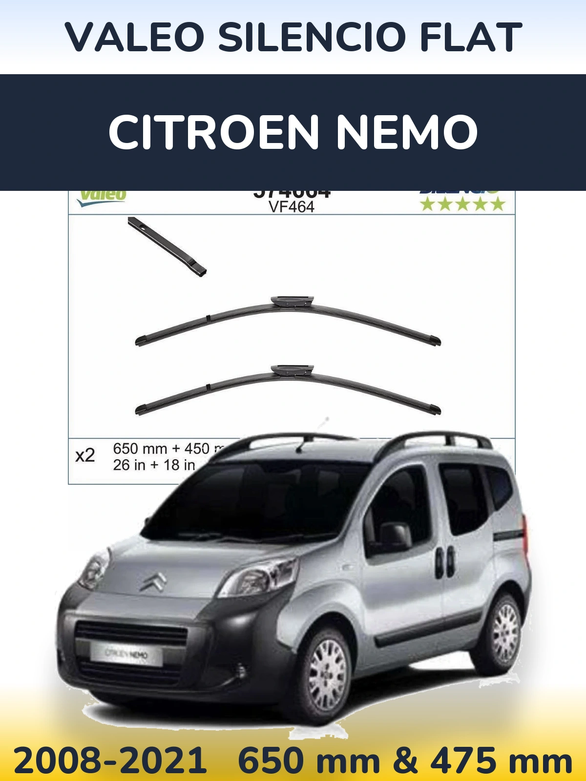 Komplet przednich wycieraczek Valeo Silencio Flat 650 & 450 mm do Citroen Nemo 2008-2021