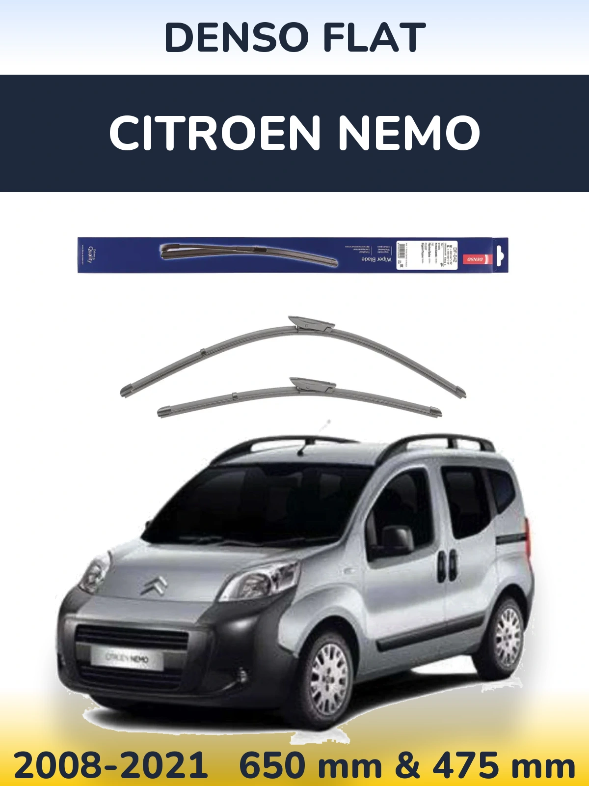 Front wiper blade set Denso Flat 650 & 450 mm for Citroen Nemo 2008-2021